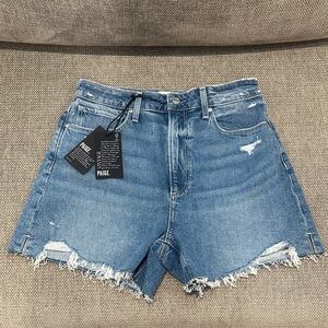 PAIGE Light Blue Frayed Hem Jean Shorts
